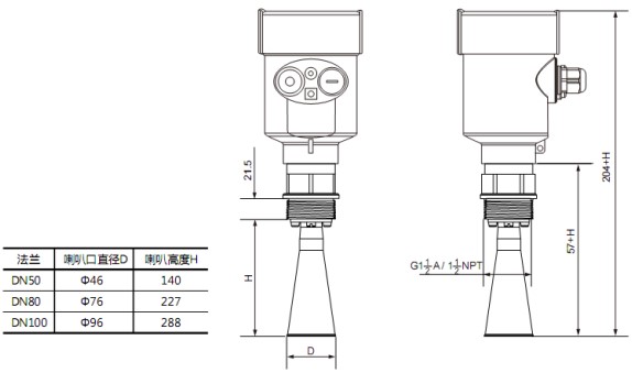 喇叭口雷達液位計RD705外形尺寸圖